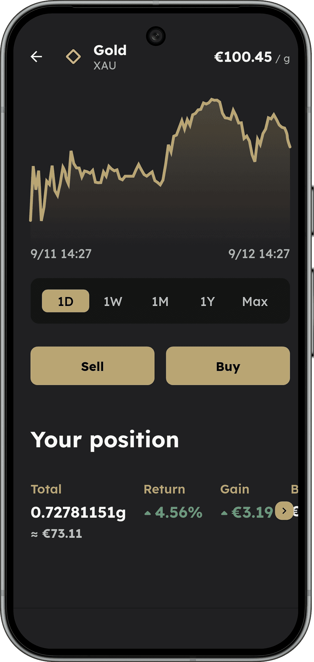 Spargold app interface showing transaction history
