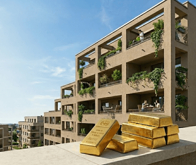 Wohngebäude einer Wohnungseigentümergemeinschaft mit physischen Goldbarren als Symbol für die Anlage der Erhaltungsrücklage