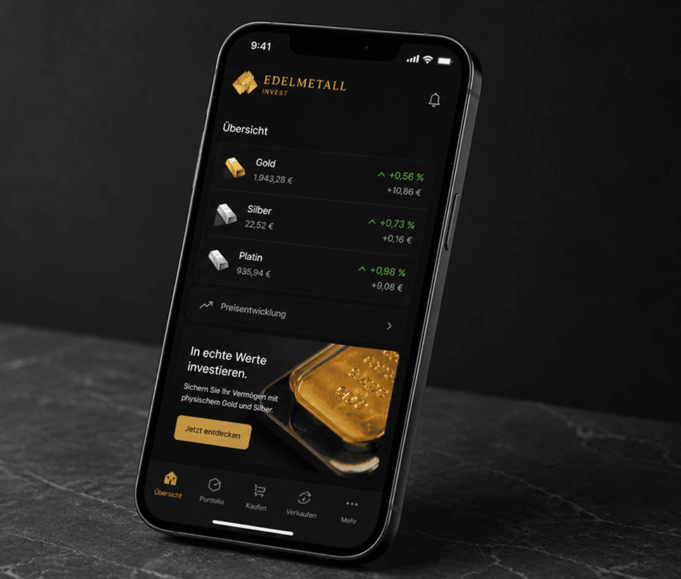Edelmetall-Investment-App – Mockup einer in eine Partner-Plattform integrierten Spargold-Lösung