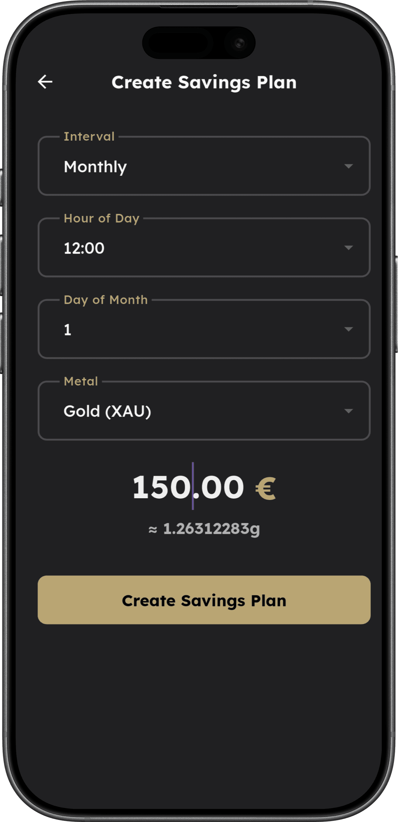 Spargold app interface showing savings plan details