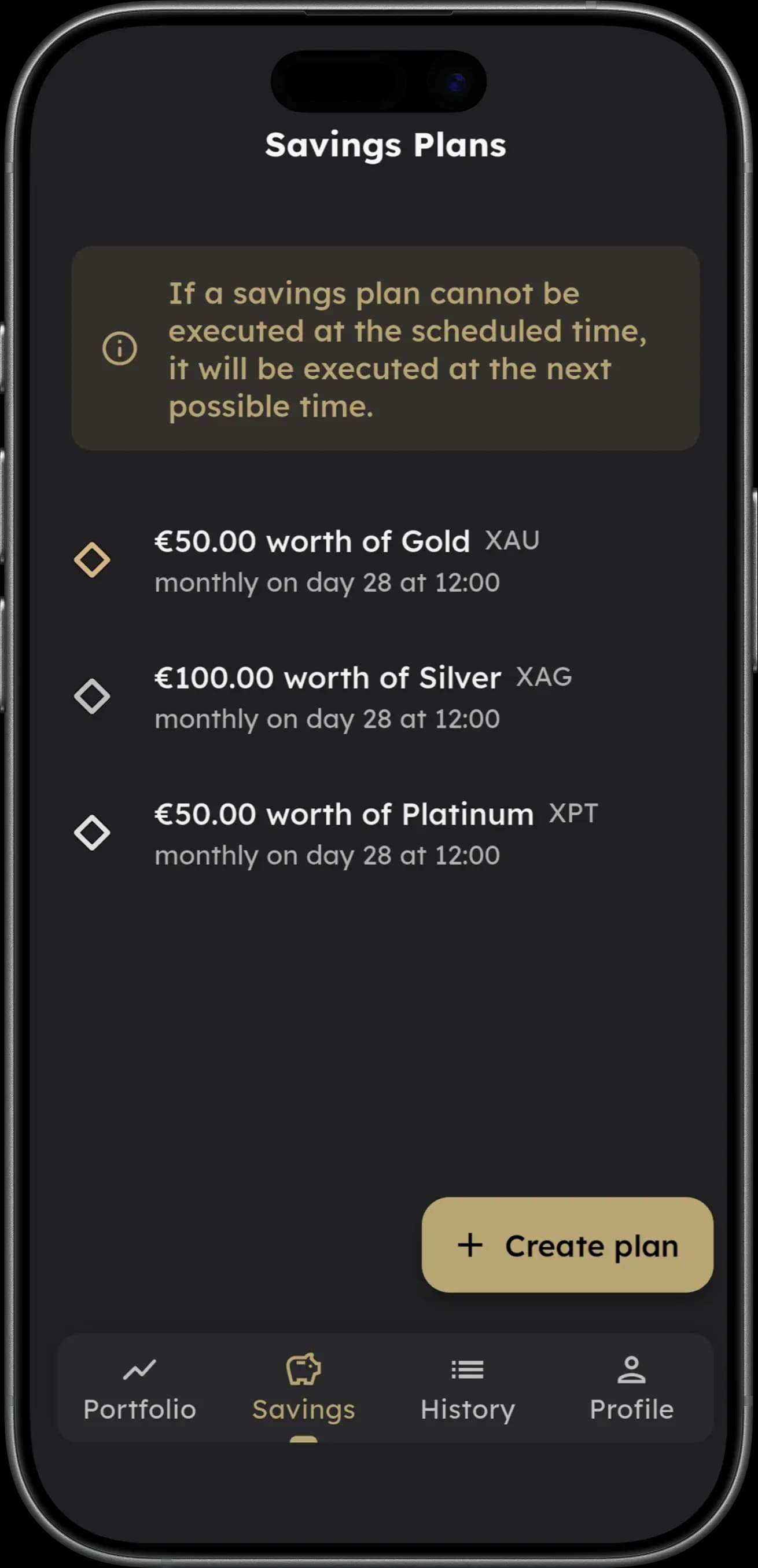 Spargold app interface showing portfolio ownership