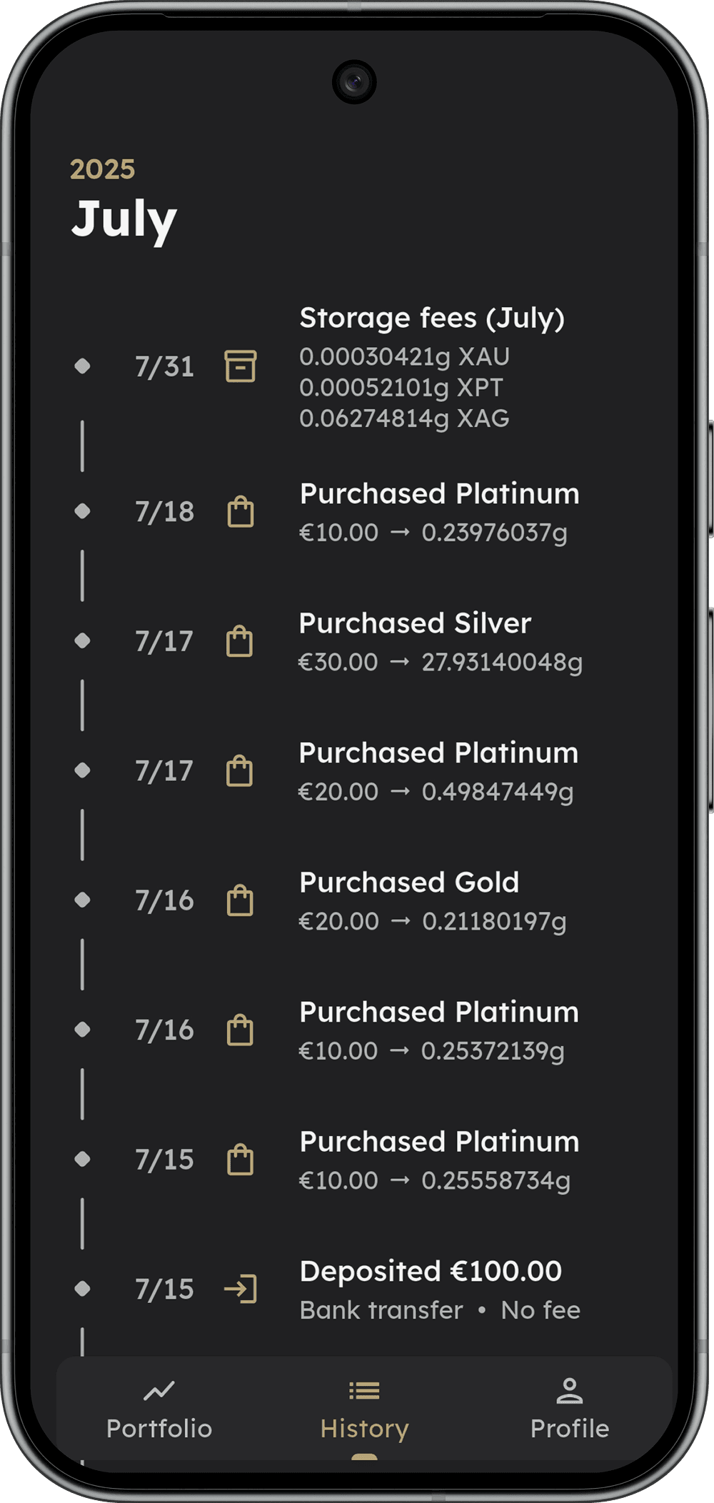 Spargold app interface showing transaction history